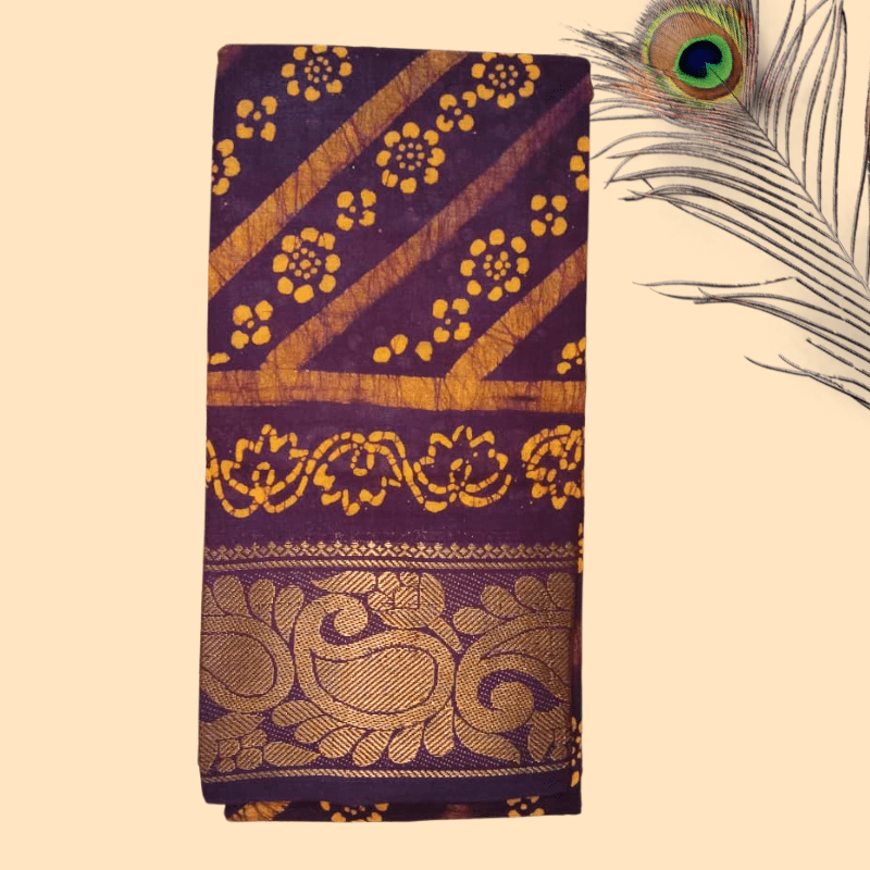Prabanja Sungudi Batik Printed Saree - Maroon with Yellow Flower