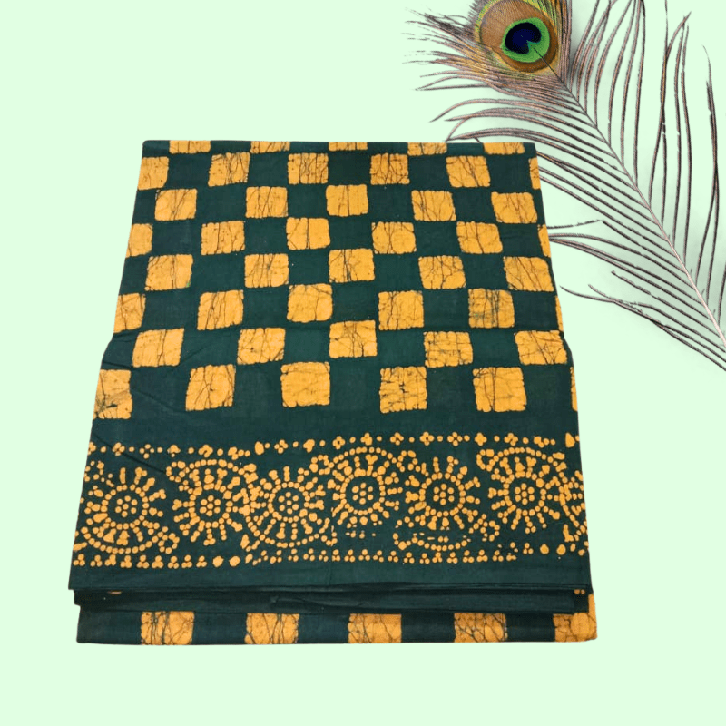 Prabanja Sungudi Batik Printed Saree - Green with Yellow Checked - Image 3