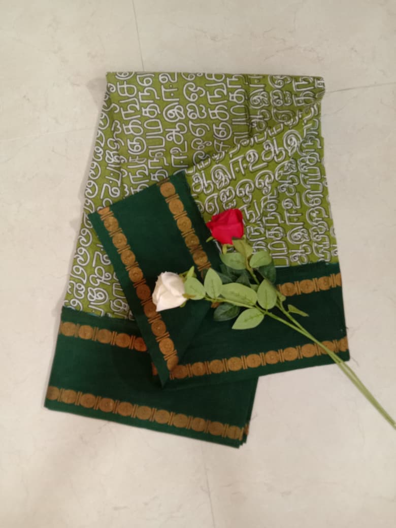 Prabanja Tamil Letters Wax Printed Pista Green Sungudi Cotton Saree - Image 2