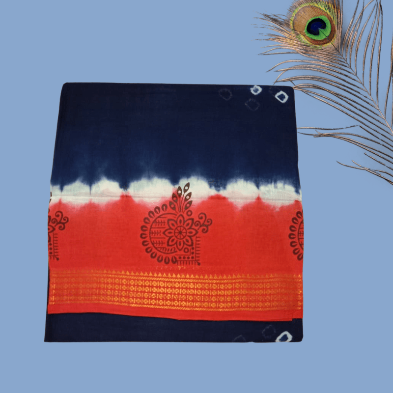 Prabanja Sungudi Batik Printed - Dark Blue with Orange Border