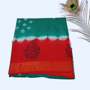 Prabanja Sungudi Batik Printed Saree - Green with Orange Border