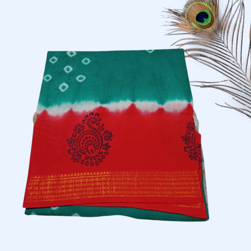 Prabanja Sungudi Batik Printed Saree - Green with Orange Border