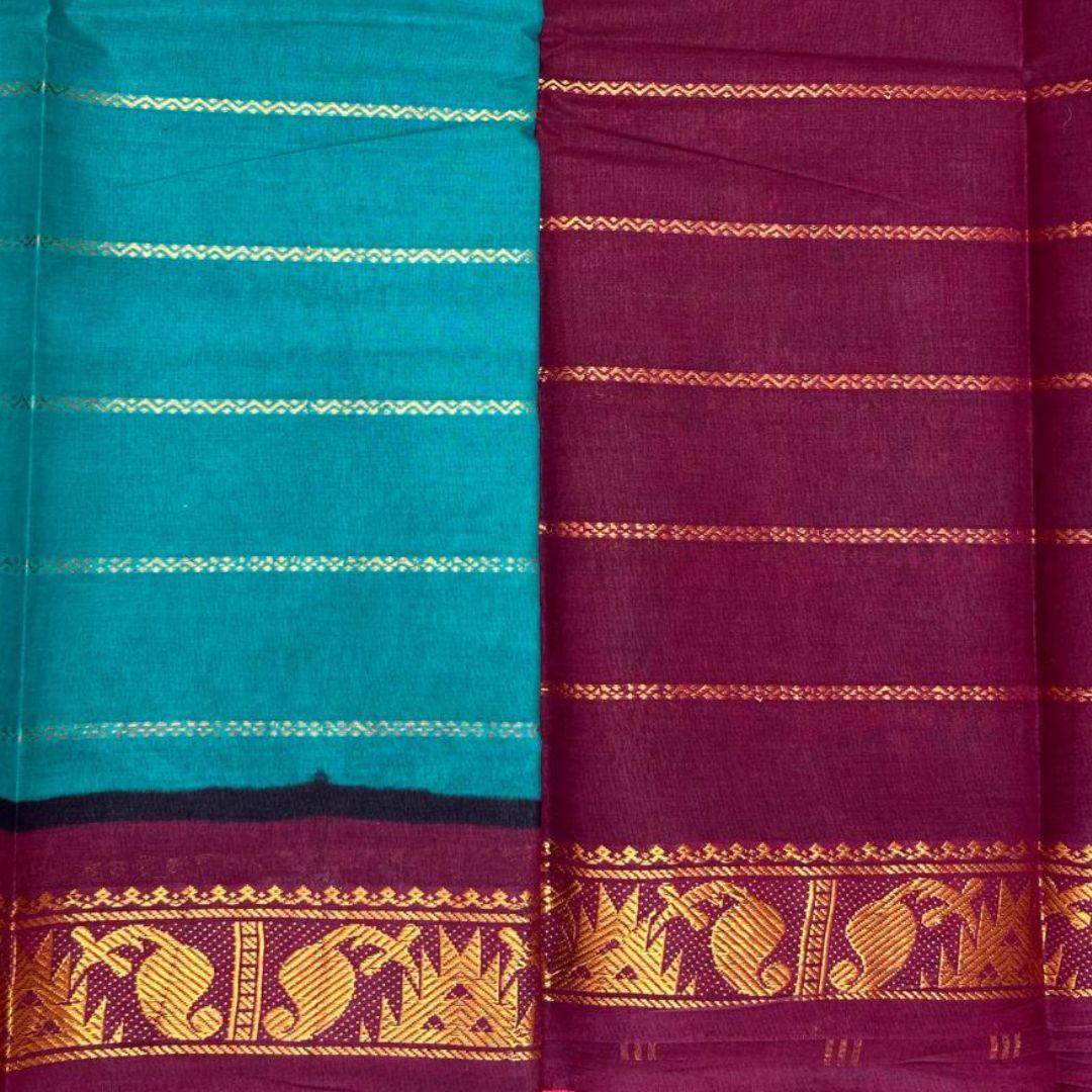 Prabanja Jari Veldhari Plain Sungudi Cotton Saree - Image 4