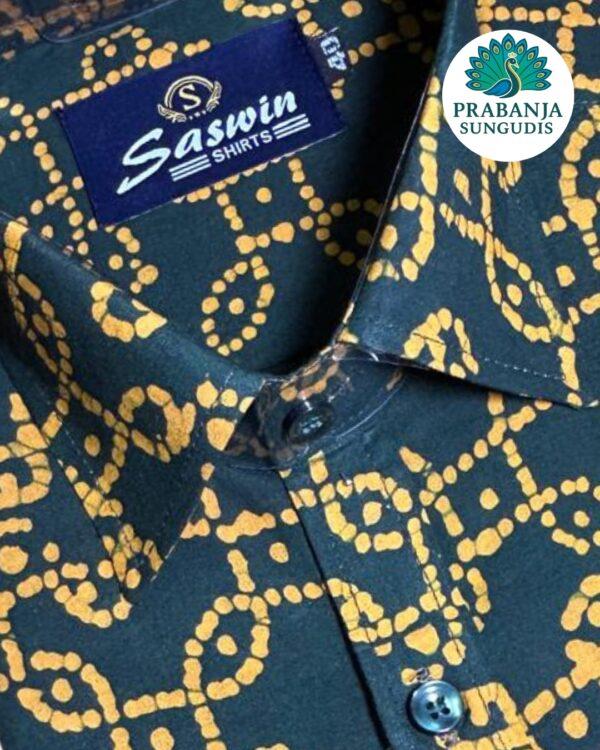 Prabanja Sungudi 100% Pure Cotton Shirt | Green with Yellow wax printing | Size-40 - Image 2