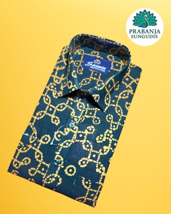 Prabanja Sungudi 100% Pure Cotton Shirt | Green with Yellow wax printing | Size-40 - Image 3