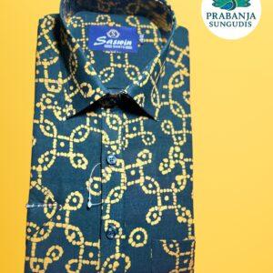 Prabanja Sungudi 100% Pure Cotton Shirt | Green with Yellow wax printing | Size-40