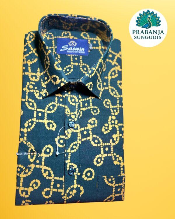 Prabanja Sungudi 100% Pure Cotton Shirt | Green with Yellow wax printing | Size-40