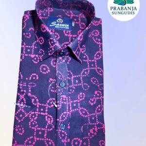 Prabanja Sungudi 100% Pure Cotton Shirt | Dark Maroon with Pink wax printing | Size-40