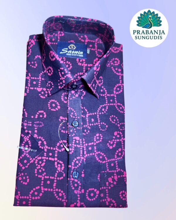 Prabanja Sungudi 100% Pure Cotton Shirt | Dark Maroon with Pink wax printing | Size-40