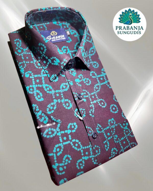 Prabanja Sungudi 100% Pure Cotton Shirt | Navy Blue with Green wax printing | Size-38 - Image 2