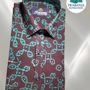 Prabanja Sungudi 100% Pure Cotton Shirt | Navy Blue with Green wax printing | Size-38