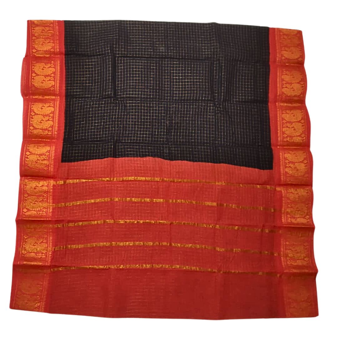 Prabanja Checked Zari Border Navy Blue Sungudi Cotton Saree - Image 2