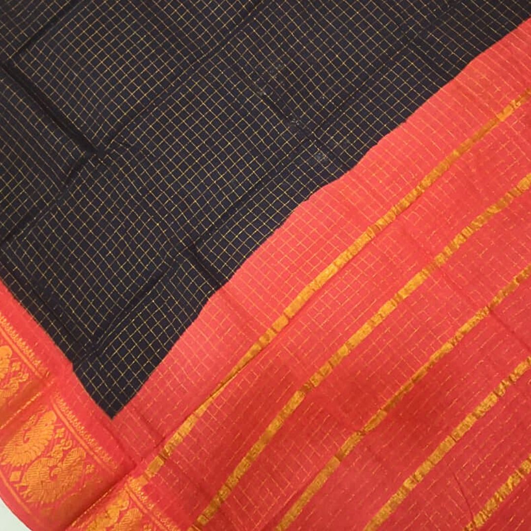 Prabanja Checked Zari Border Navy Blue Sungudi Cotton Saree - Image 3