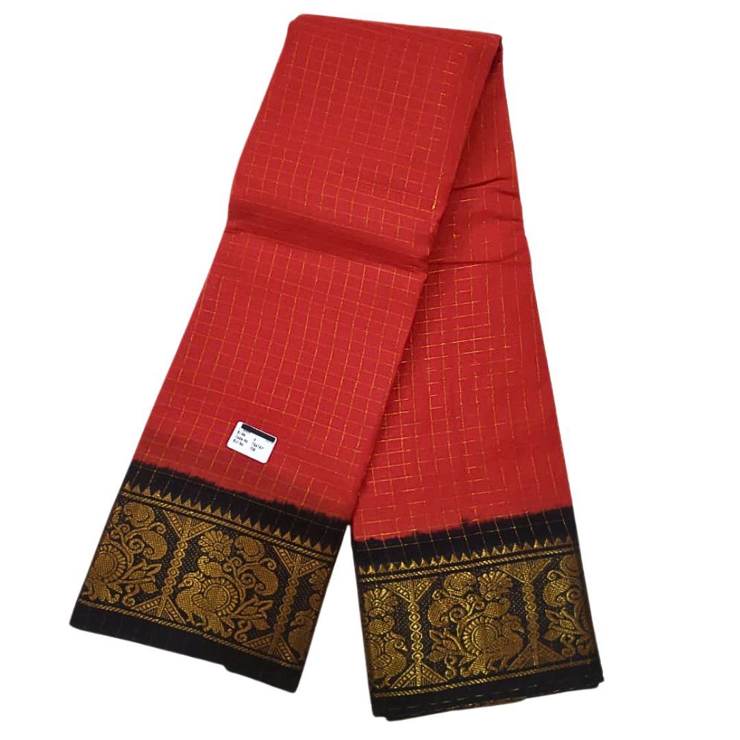 Prabanja Checked Zari Border Red Sungudi Cotton Saree