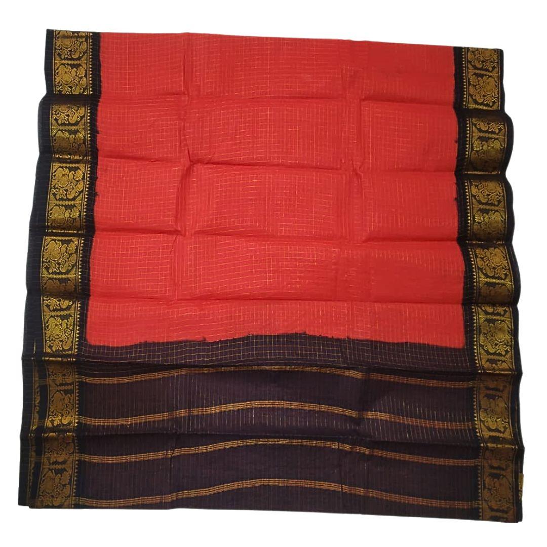 Prabanja Checked Zari Border Red Sungudi Cotton Saree - Image 2