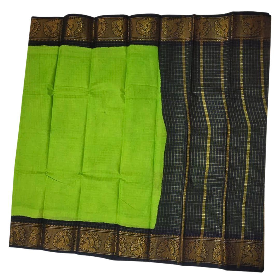 Prabanja Checked Zari Border Chartreuse Green Sungudi Cotton Saree - Image 2