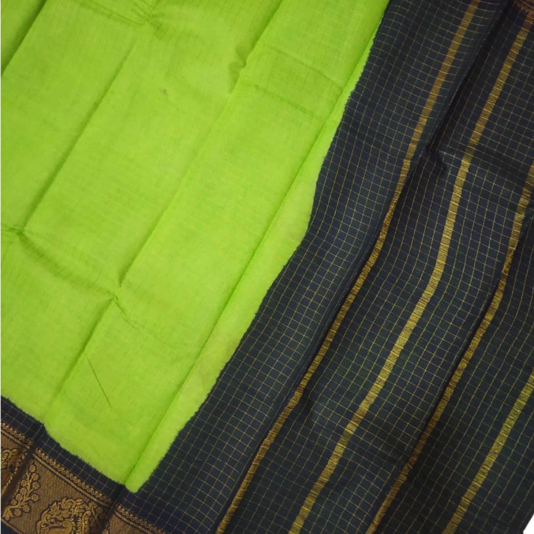 Prabanja Checked Zari Border Chartreuse Green Sungudi Cotton Saree - Image 3