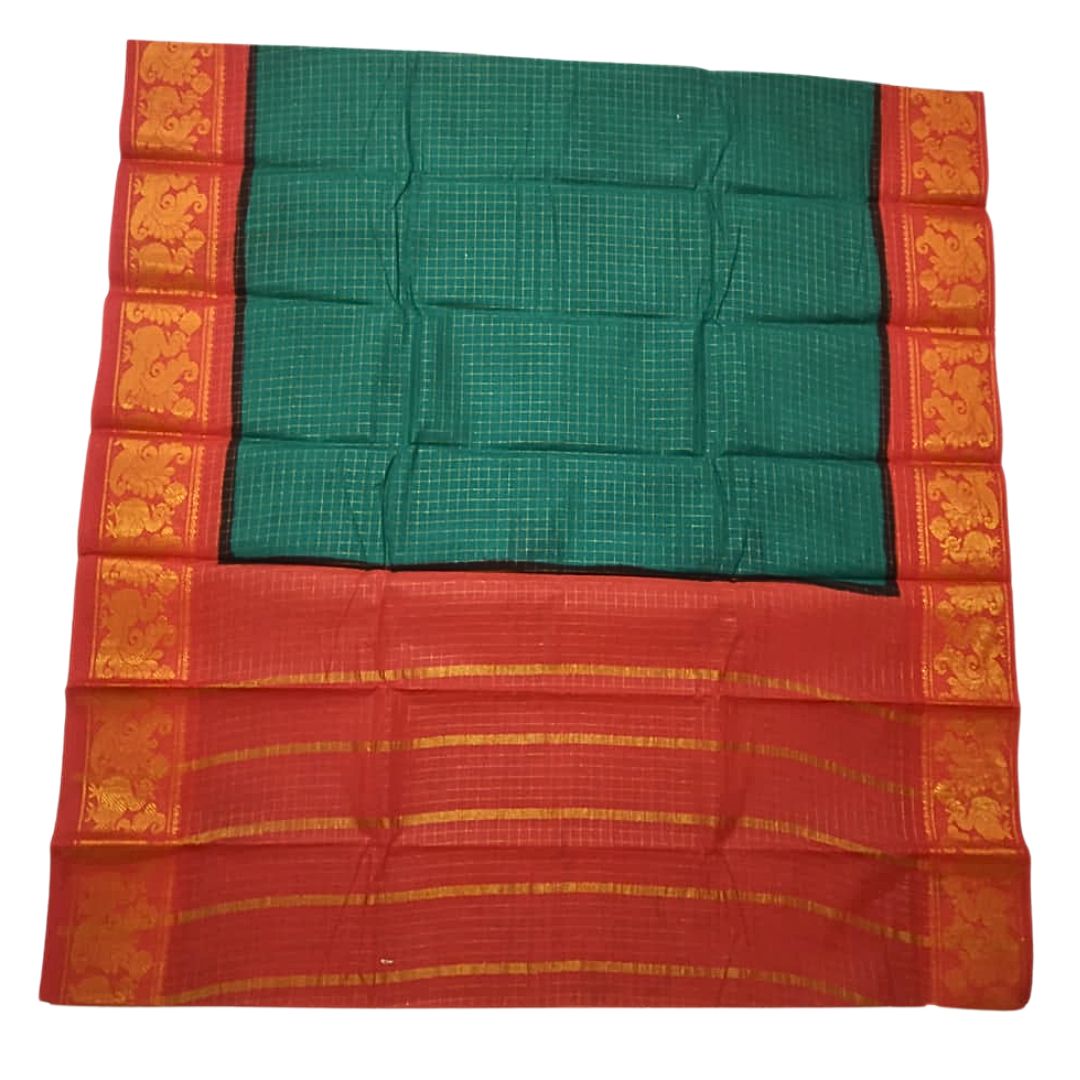 Prabanja Checked Zari Border Castleton Green Sungudi Cotton Saree - Image 2