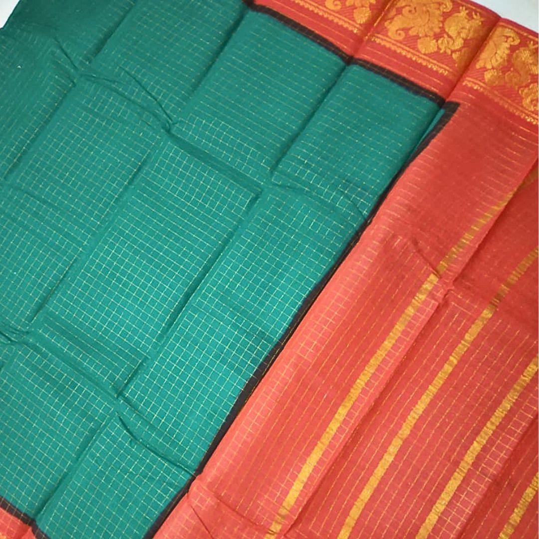 Prabanja Checked Zari Border Castleton Green Sungudi Cotton Saree - Image 3