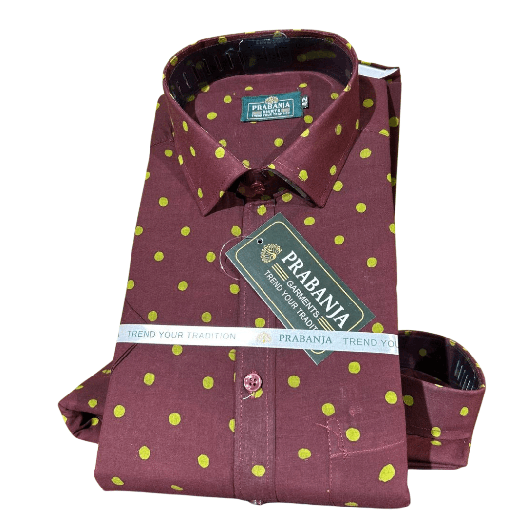 Prabanja Sungudi 100% Pure Cotton Shirt | Brown with Light Green Dot printing | Size-42 - Image 2