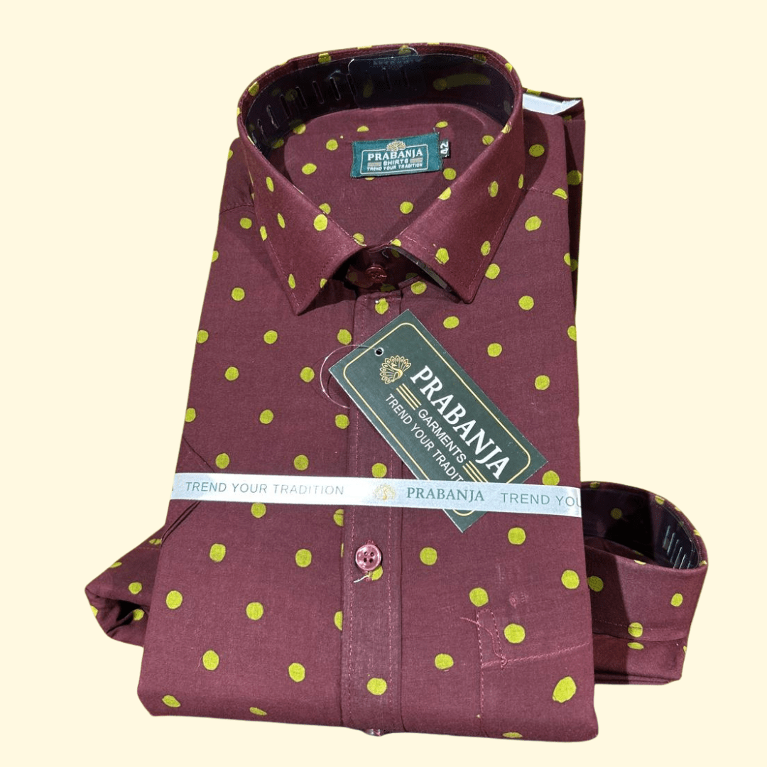 Prabanja Sungudi 100% Pure Cotton Shirt | Brown with Light Green Dot printing | Size-42 - Image 3