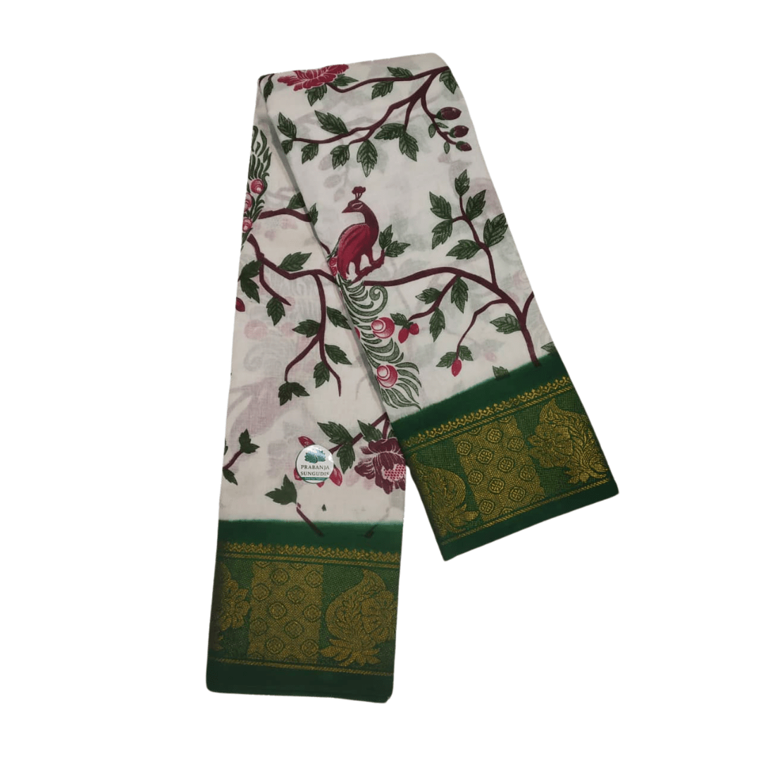 Prabanja Sungudi Poonam Printed Saree with Peacock Design & Zari Woven Border