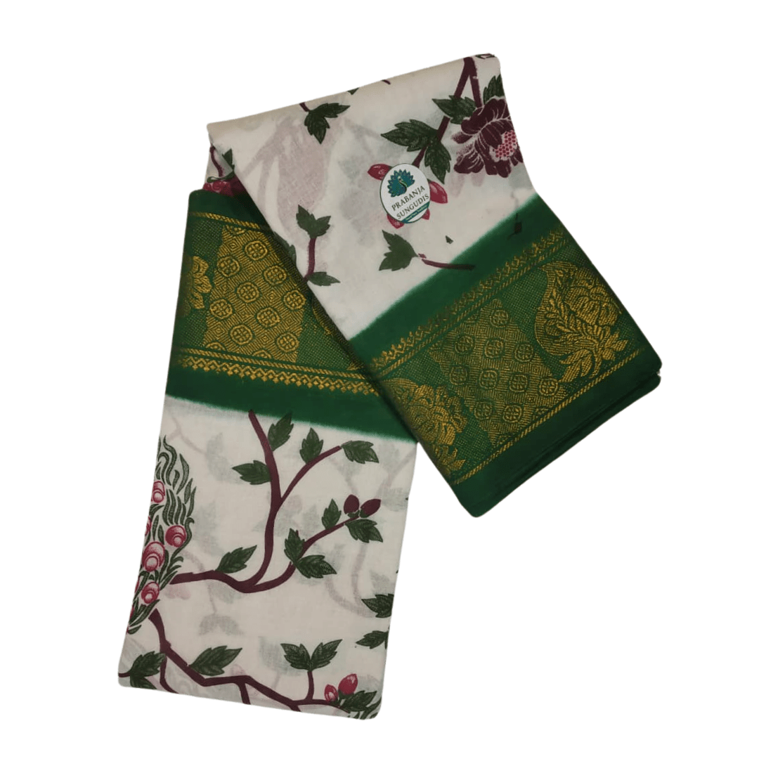 Prabanja Sungudi Poonam Printed Saree with Peacock Design & Zari Woven Border - Image 2