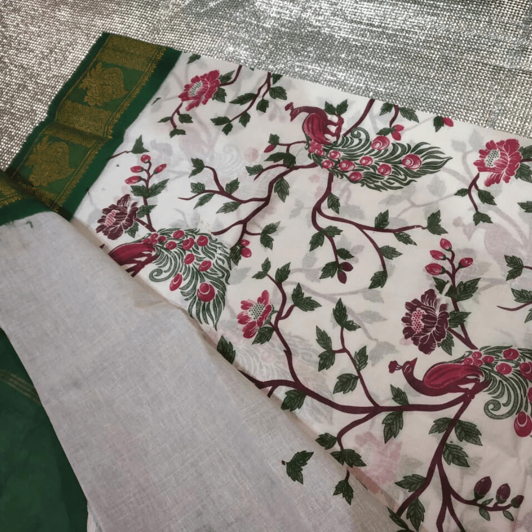 Prabanja Sungudi Poonam Printed Saree with Peacock Design & Zari Woven Border - Image 4
