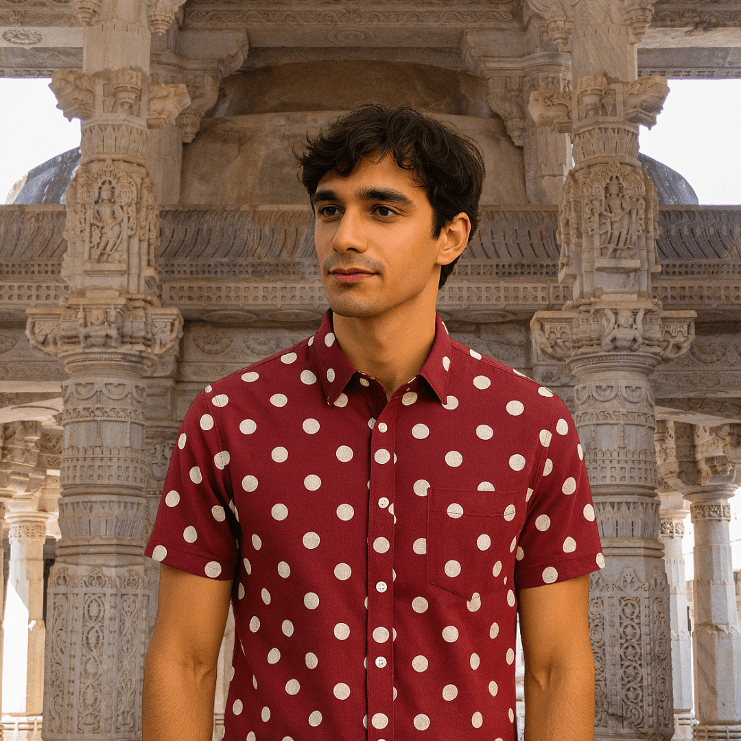 Prabanja Sungudi 100% Pure Cotton Big Bindhi Shirt | Maroon with White Dot printing | Size-42
