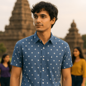 Prabanja Sungudi 100% Pure Cotton Shirt | Ash color with White Dot printing | Size-42