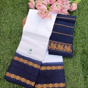 Prabanja White with Navy Blue Rettai Padai Rudraksha Sungudi Cotton Saree with Blouse