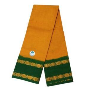 Prabanja Mustard Yellow & Contrast Green Rettai Padai Rudraksha Sungudi Cotton Saree