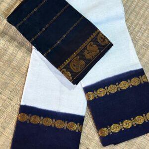 Prabanja White with Navy Blue Rettai Padai Rudraksha Sungudi Cotton Saree with Blouse