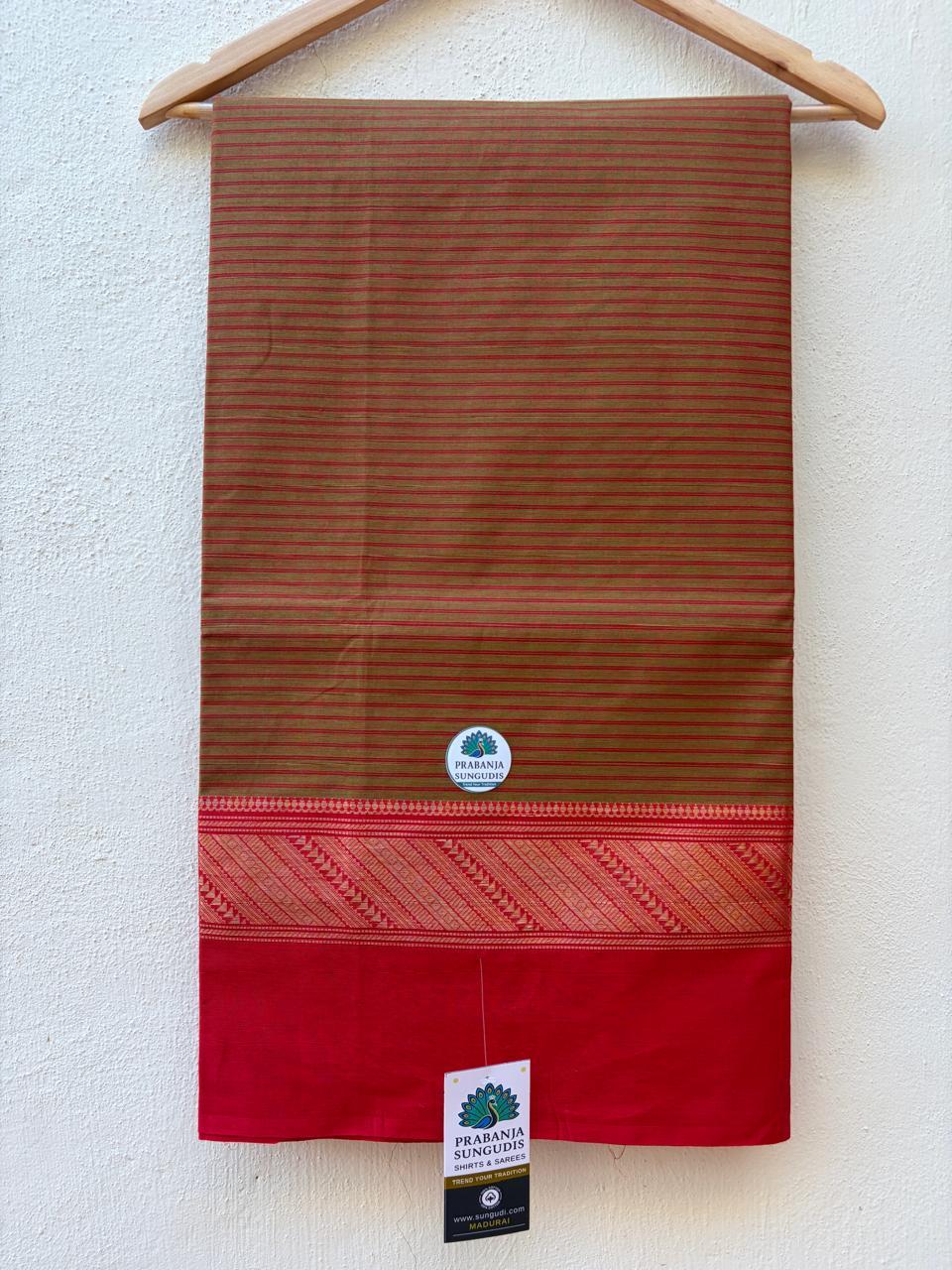 Kanchi Cotton Saree – Olive Green & Crimson Red with Traditional Temple Borders | Prabanja Sungudis Cotton Saree - Image 2