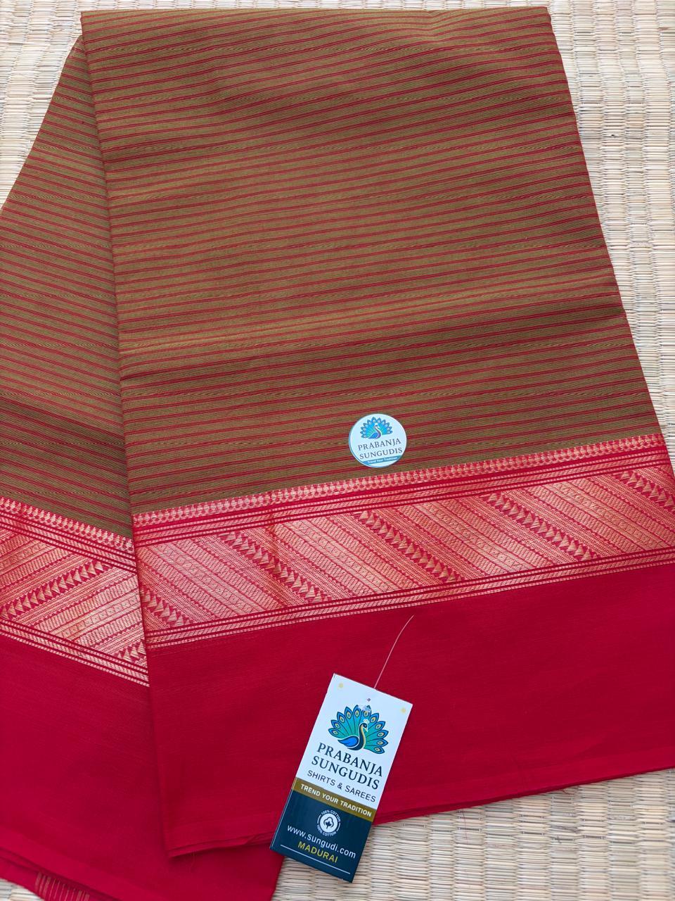 Kanchi Cotton Saree – Olive Green & Crimson Red with Traditional Temple Borders | Prabanja Sungudis Cotton Saree - Image 4