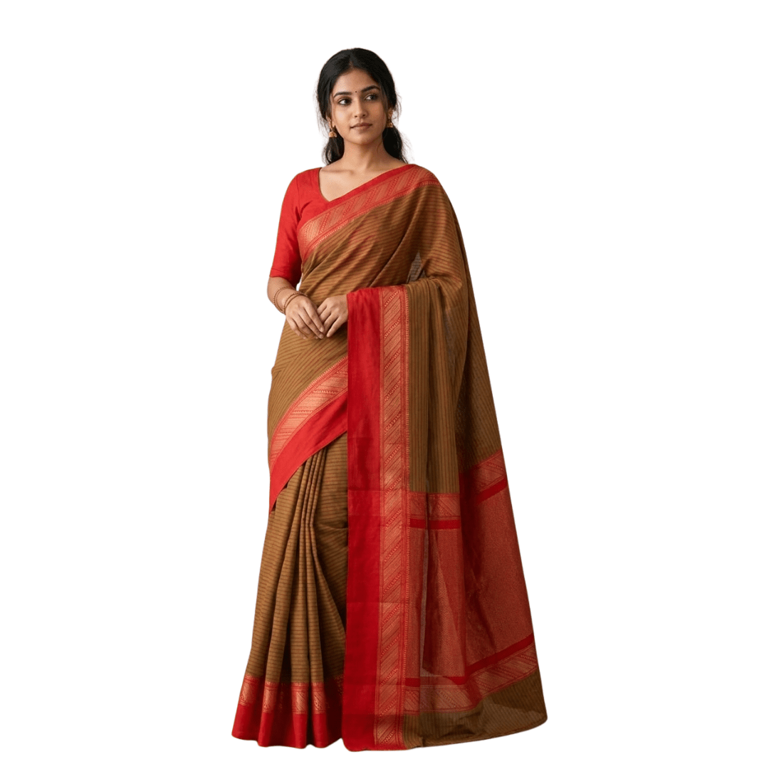 Kanchi Cotton Saree – Olive Green & Crimson Red with Traditional Temple Borders | Prabanja Sungudis Cotton Saree