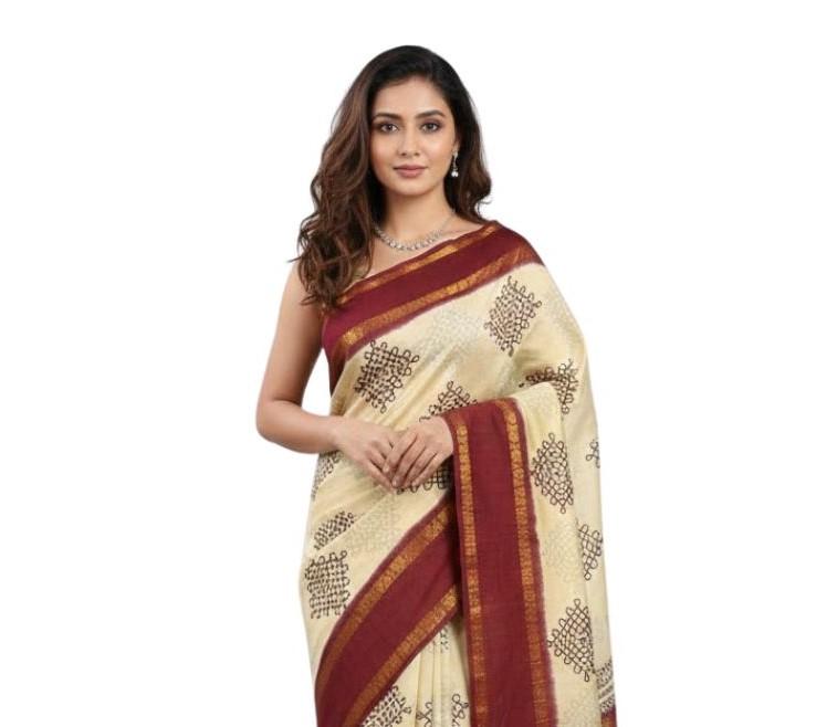 Prabanja Off-White with Maroon Rettai Padai Kolam Designed Sungudi Cotton Saree