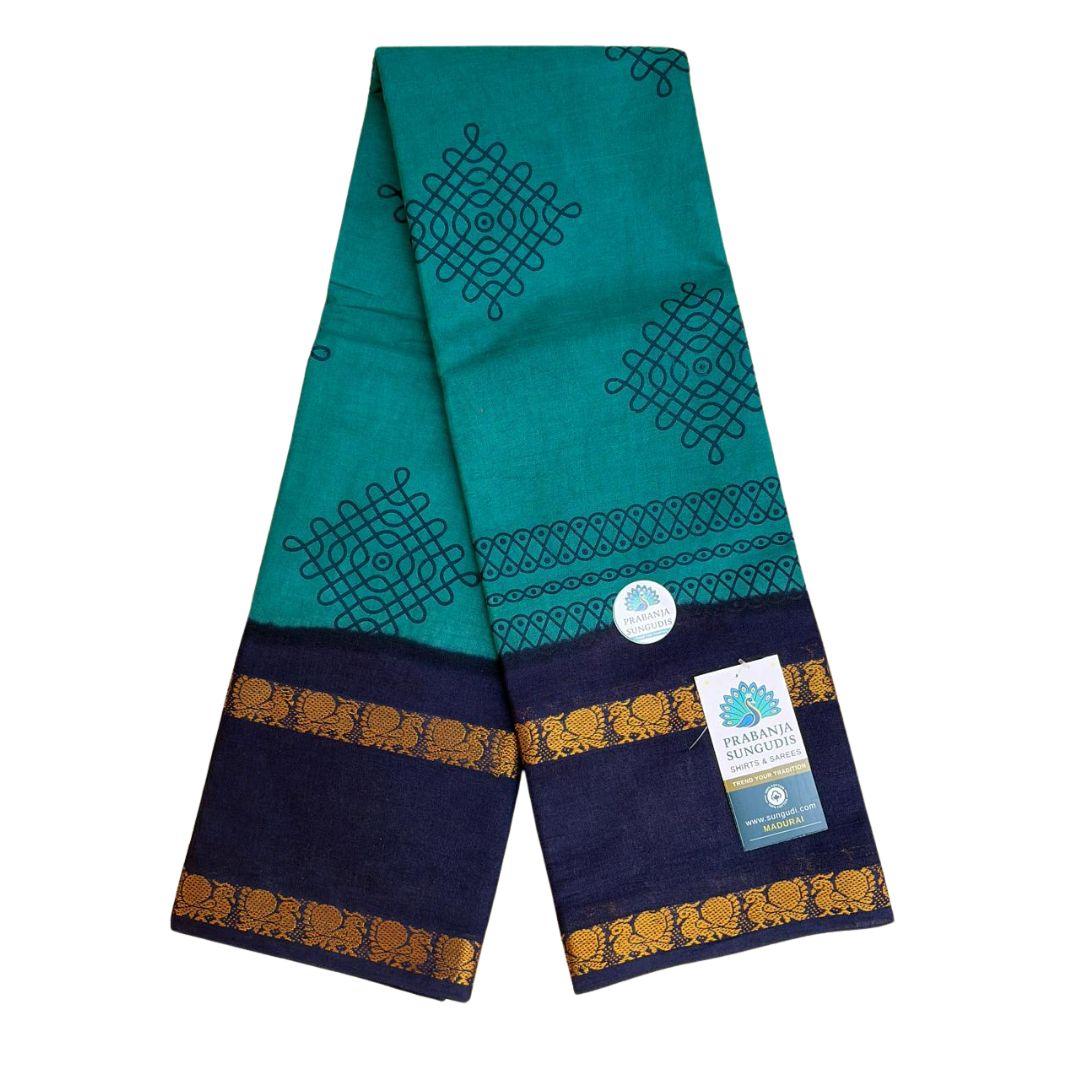 Prabanja Teal Green with Navy Blue Rettai Padai Kolam Designed Sungudi Cotton Saree