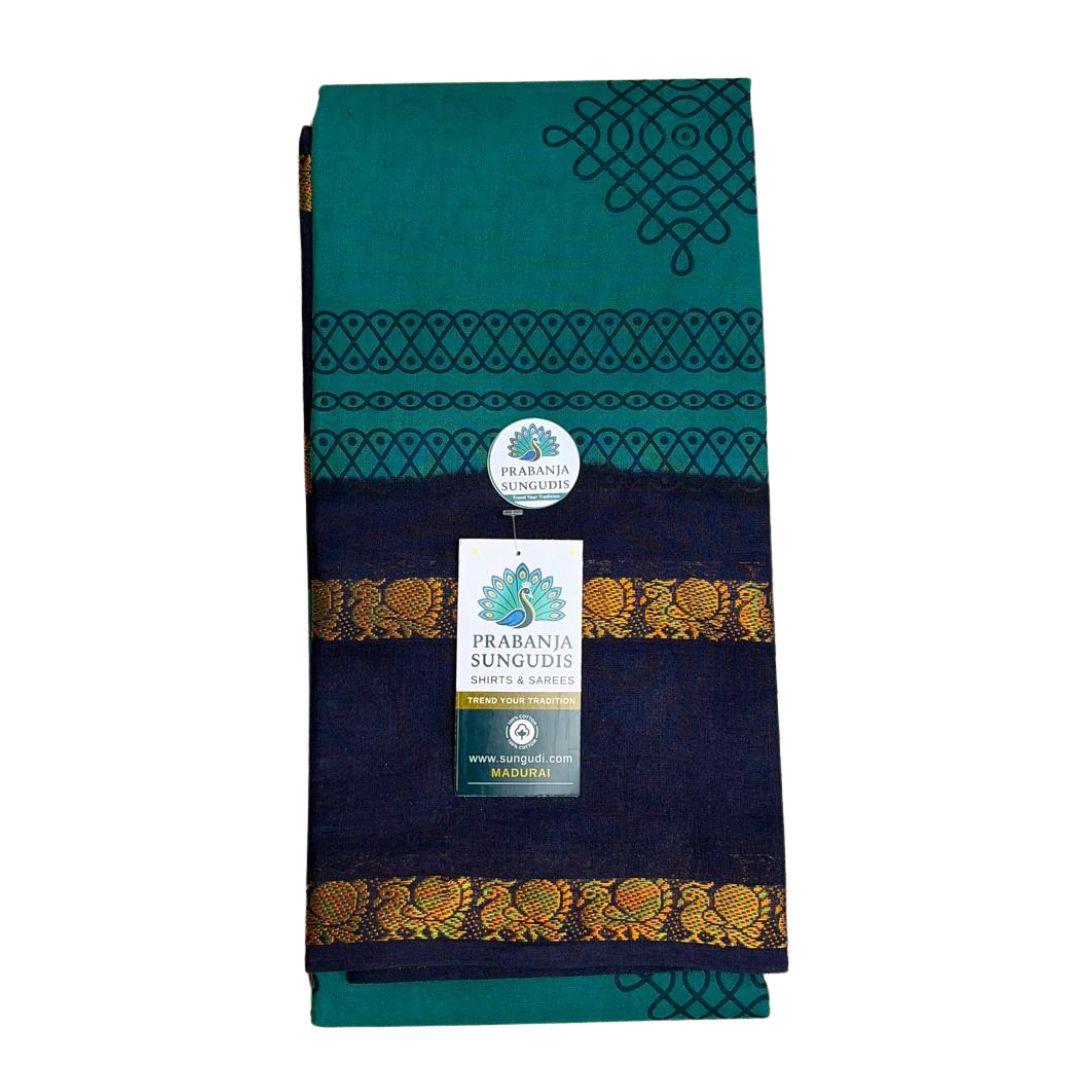 Prabanja Teal Green with Navy Blue Rettai Padai Kolam Designed Sungudi Cotton Saree - Image 2