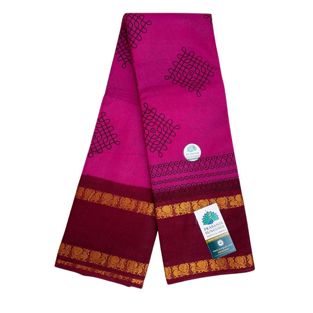Prabanja Deep Magenta Pink with Maroon Rettai Padai Kolam Designed Sungudi Cotton Saree
