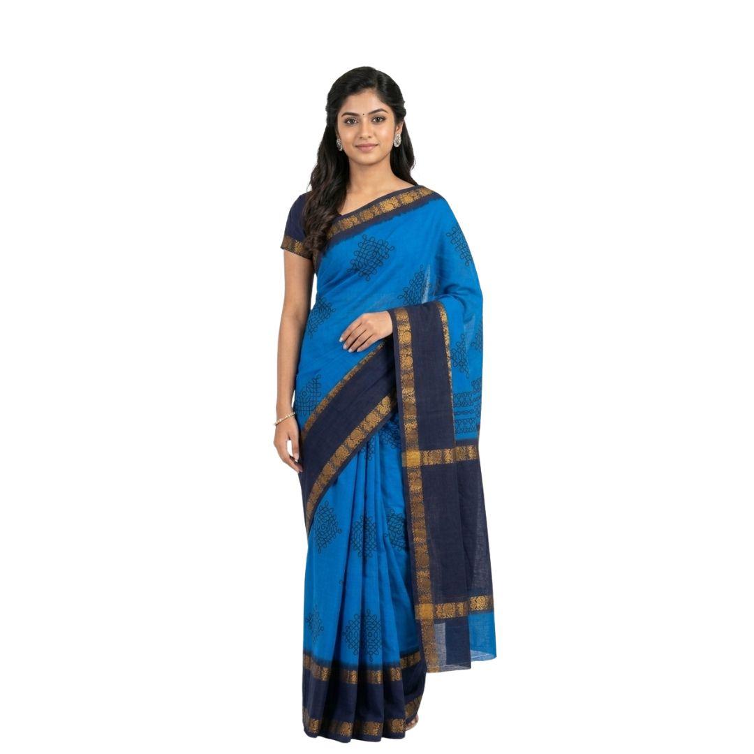 Prabanja Royal Blue (Bright) with Navy Blue Rettai Padai Kolam Designed Sungudi Cotton Saree