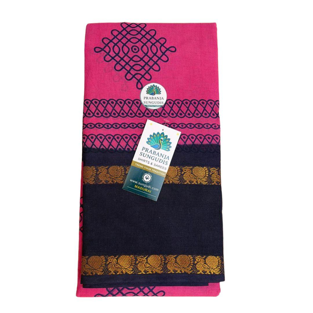 Prabanja Dark Pink with Navy Blue Rettai Padai Kolam Designed Sungudi Cotton Saree - Image 2