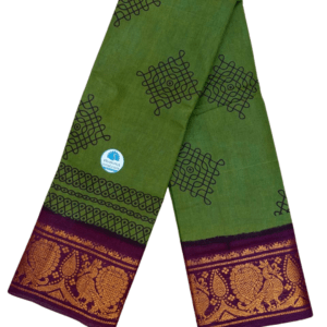 Sungudi Tissue Cotton Kolam Saree | Green and Maroon with Gold Border without Blouse