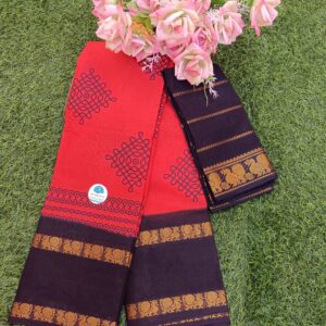 Prabanja Red with Black Rettai Padai Kolam Designed Sungudi Cotton Saree with Blouse