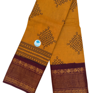 Sungudi Tissue Cotton Kolam Saree | Mustard and Maroon with Gold Border without Blouse
