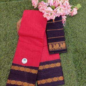 Prabanja Red with Navy Blue Rettai Padai Rudraksha Sungudi Cotton Saree with Blouse