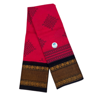 Sungudi Tissue Cotton Kolam Saree | Red and Navy Blue with Gold Zari Border without blouse