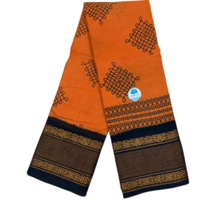 Sungudi Tissue Cotton Kolam Saree | Mango Orange and Black with Gold Zari Border without blouse