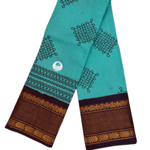 Sungudi Tissue Cotton Kolam Saree | Peacock Blue and Brown with Gold Zari Border without blouse