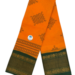 Sungudi Tissue Cotton Kolam Saree | Mango Yellow and Green with Gold Zari Border without blouse
